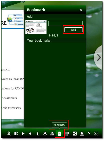 Click 3D eBook tool bar “Bookmark” button